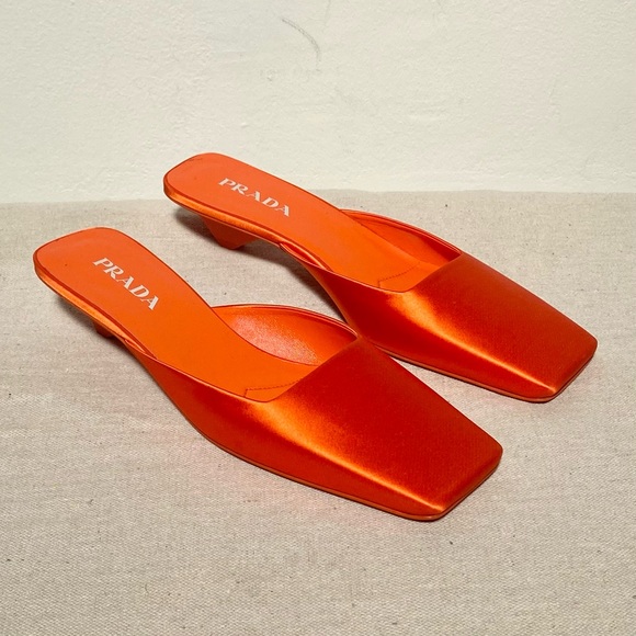 Prada Shoes - Prada orange satin silk square toe mules logo heels with box size 41